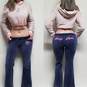 Vintage 90s Baby Phat Blue Velour Hot Pink Embroidered Low Rise Flare Track Pant